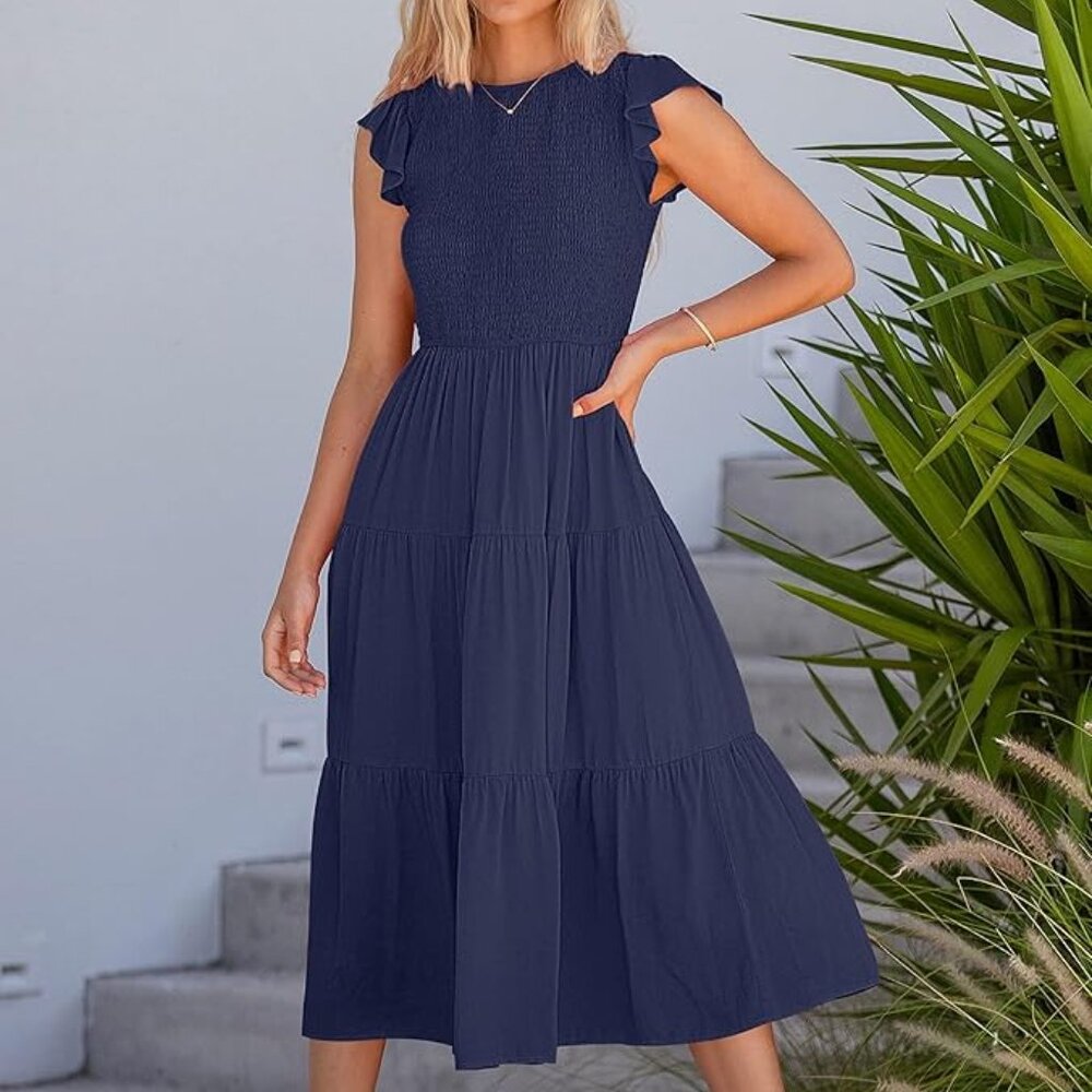 Women’s Smocked Crewneck Midi Dress – Effortless Boho Vibes